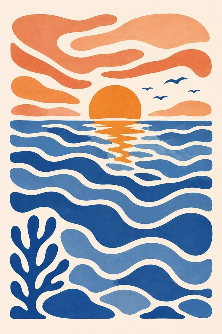 Print of the sun reflecting on blue waves, birds flying and a sea coral shape in the corner