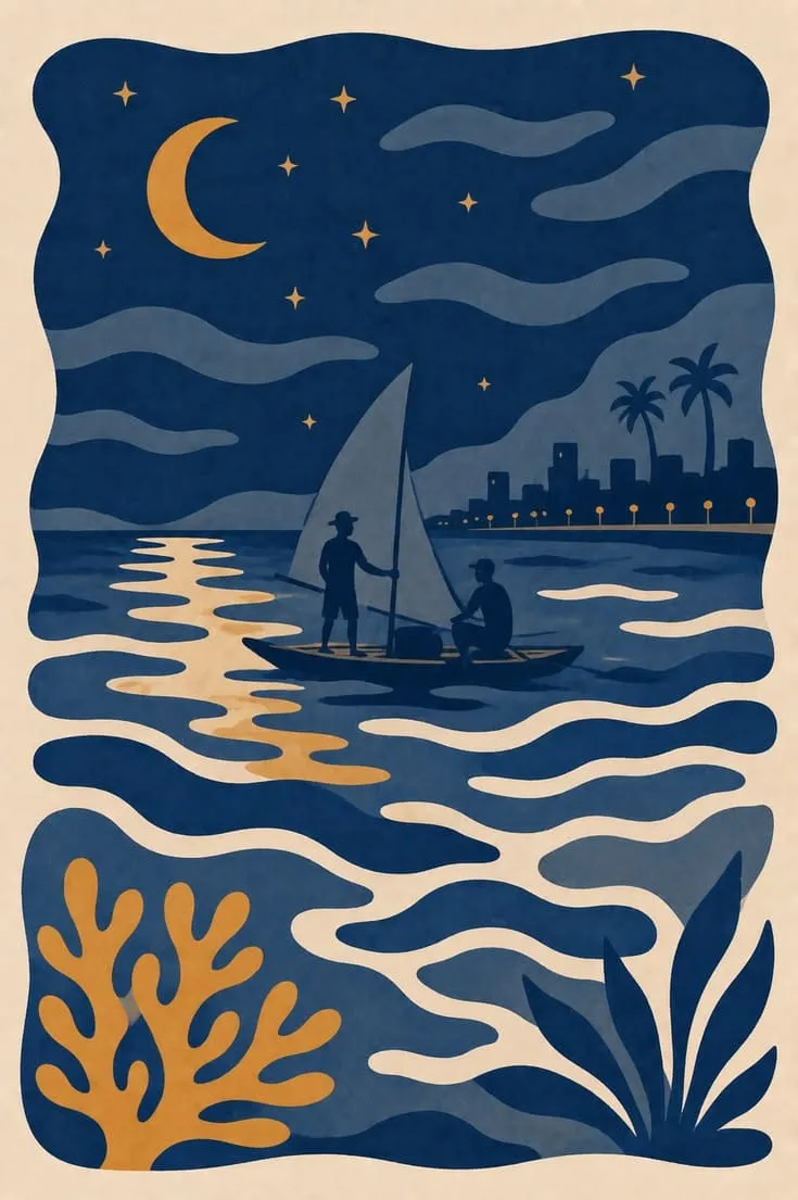Night print of two fishermen on a traditional jangada raft, moonlight over the sea and the city skyline in the background