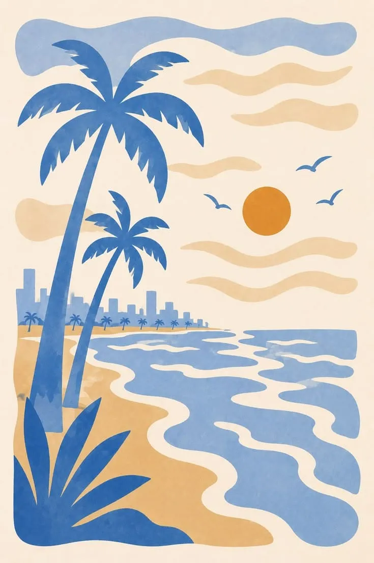 Print with two blue palm trees by the sea, the city skyline in the distance and the sun among the clouds