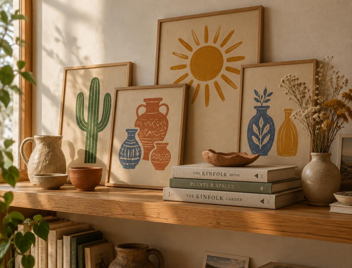 Wooden shelf with prints leaning against it, handmade ceramics and books, in warm window light