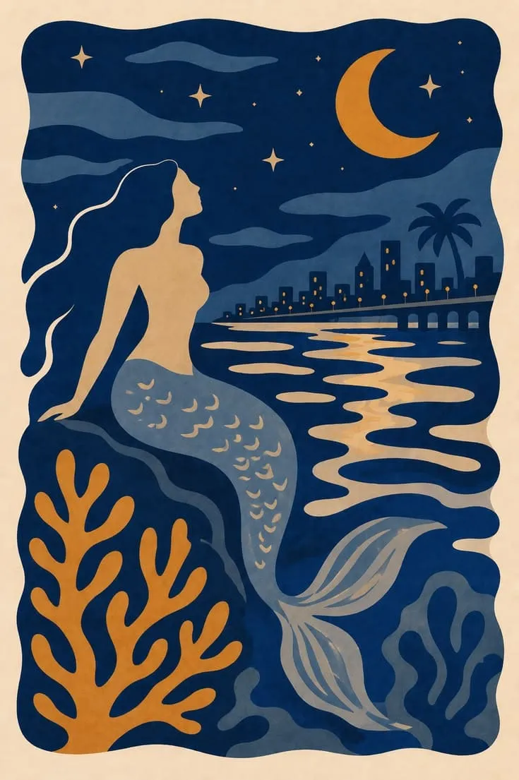Print of a mermaid seated on a rock at night, the city skyline reflected on the sea and coral shapes in the foreground